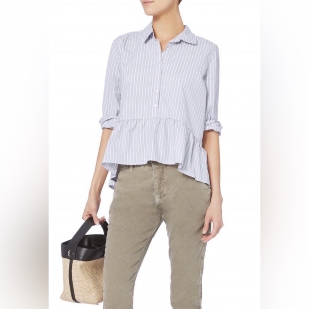 Trovata Birds of Paradis Striped 3/4 Sleeve Button Up Top with Peplum Detail
